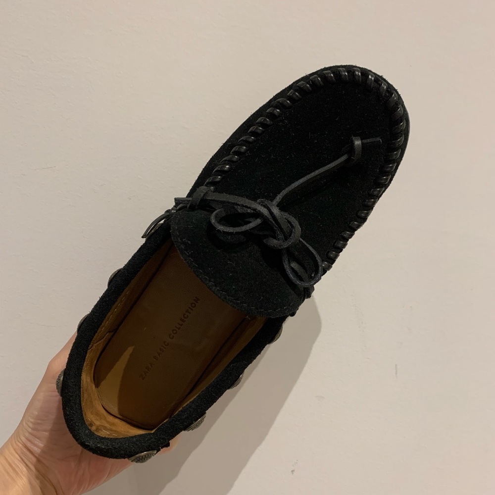 ZARA dark green suede leather loafer with rivet and woven details - Picture 2 of 4
